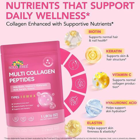 Multi Collagen Peptides Powder, 1 lb Unflavored Hydrolyzed Collagen Types I, II, III, V, X，16 oz (41 Servings)-Hyaluronic Acid Power,Grass Fed Collagen Supplements for Women and Men, Non GMO in Saudi Arabia