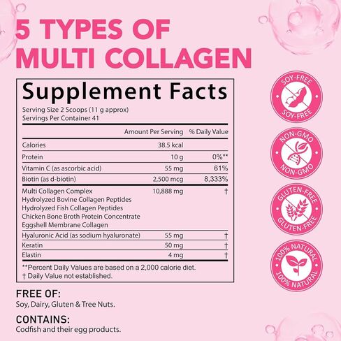 Multi Collagen Peptides Powder, 1 lb Unflavored Hydrolyzed Collagen Types I, II, III, V, X，16 oz (41 Servings)-Hyaluronic Acid Power,Grass Fed Collagen Supplements for Women and Men, Non GMO in Saudi Arabia