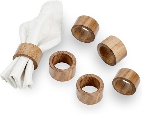 MyGift Rustic Natural Solid Acacia Wood Rings for Cloth Dinner Napkins, Decorative Napkin Holders for Dining Serviettes, Set of 6 - Handcrafted in India in Saudi Arabia