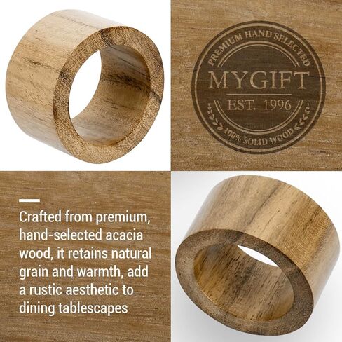 MyGift Rustic Natural Solid Acacia Wood Rings for Cloth Dinner Napkins, Decorative Napkin Holders for Dining Serviettes, Set of 6 - Handcrafted in India in Saudi Arabia