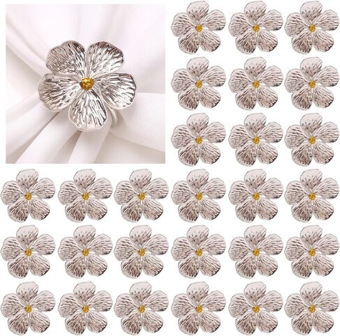 مجموعة حلقات مناديل فضية على شكل زهرة مكونة من 50 قطعة، حامل حلقات مناديل معدنية لامعة على شكل زهرة لموسم الزفاف والولائم وجمع عيد الميلاد وديكور حفلات الشتاء وإبزيم إعداد الطاولة Mgrlfbl (فضي 50) in Kuwait