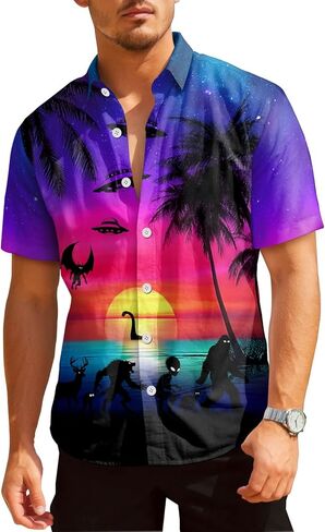 قمصان Huntfami للرجال القصيرة القصيرة لأسفل القمصان الصيفية غير الرسمية قميص هاواي للرجال in Kuwait