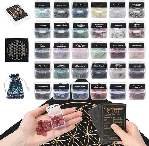 Healing Crystals Set with 30 Crystal Gravel Stones, Flower of Life Ritual Mat and Meaning & Ritual Affirmation Cards – Healing Stones for Meditation, Witchcraft Supplies in Saudi Arabia