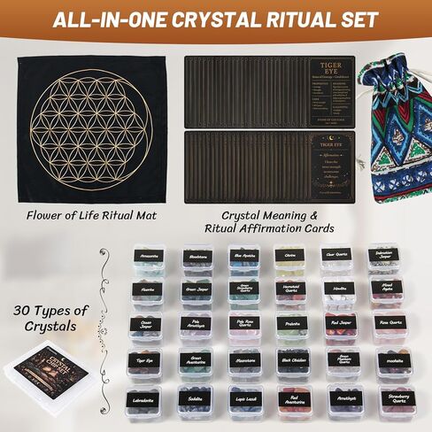 Healing Crystals Set with 30 Crystal Gravel Stones, Flower of Life Ritual Mat and Meaning & Ritual Affirmation Cards – Healing Stones for Meditation, Witchcraft Supplies in Saudi Arabia