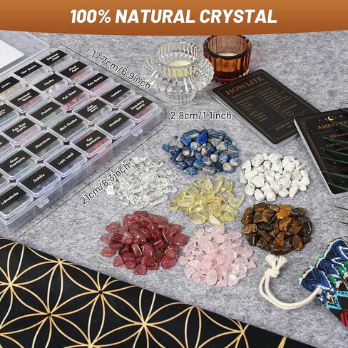 Healing Crystals Set with 30 Crystal Gravel Stones, Flower of Life Ritual Mat and Meaning & Ritual Affirmation Cards – Healing Stones for Meditation, Witchcraft Supplies in Saudi Arabia