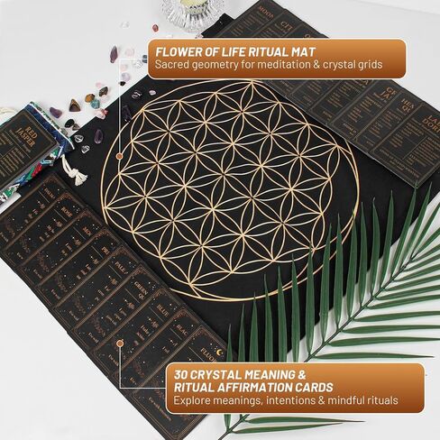 Healing Crystals Set with 30 Crystal Gravel Stones, Flower of Life Ritual Mat and Meaning & Ritual Affirmation Cards – Healing Stones for Meditation, Witchcraft Supplies in Saudi Arabia