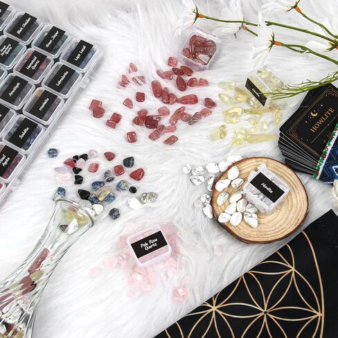 Healing Crystals Set with 30 Crystal Gravel Stones, Flower of Life Ritual Mat and Meaning & Ritual Affirmation Cards – Healing Stones for Meditation, Witchcraft Supplies in Saudi Arabia
