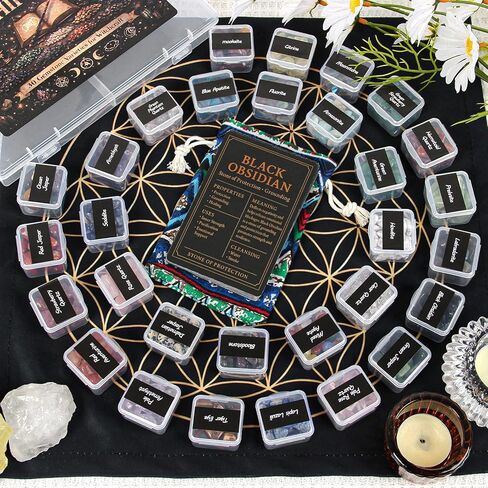 Healing Crystals Set with 30 Crystal Gravel Stones, Flower of Life Ritual Mat and Meaning & Ritual Affirmation Cards – Healing Stones for Meditation, Witchcraft Supplies in Saudi Arabia