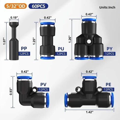 Pneumatic Fitting 8mm1/4 Inch Quick Connect Hose Fittings 4mm 6mm 12mm 3/8' Push 60Pcs(Inch5l32 PU V E Y PP) in Kuwait