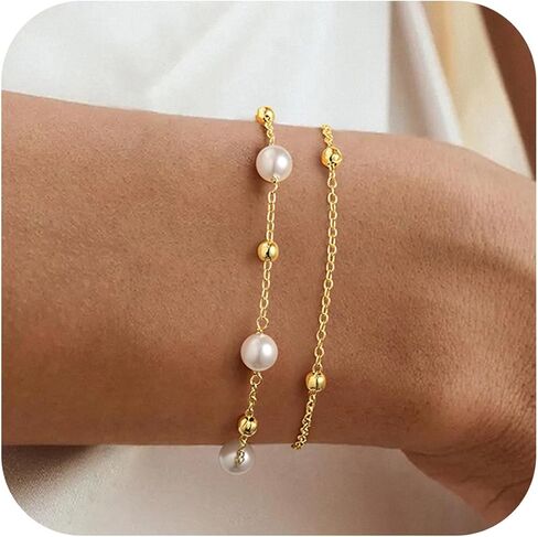 Yoosteel Pearl Bracelets for Women, Dainty 14K-Gold-Plated Pearls Beaded Link Chain Bracelet Jewelry Gift for Women in Kuwait