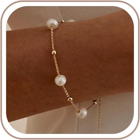 Pearl Gold Bracelets for Women Non Tarnish -14k Real Gold Plated Charm Beaded Bracelets White Brides Bridesmaid Wedding Dainty Pearl Bracelet Gold Jewelry for Women Accesory Birthday Gifts in Saudi Arabia