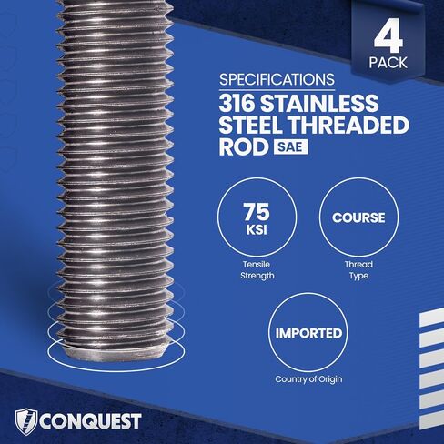 Conquest Fasteners Type 316 Stainless Steel Fully Threaded Rod, 1/2" -13 Thread Size, 24" Length Right Hand Threads (4 Pack) in Kuwait