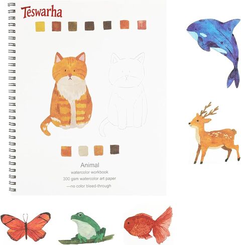 Teswarha Watercolor مصنف باستخدام ورقة ألوان مائية حقيقية سميكة للبالغين المراهقين المراهقين ملزمة 300GSM ورقة فنية 12 أوراق الحيوانات 8.2 × 9.8in in Kuwait