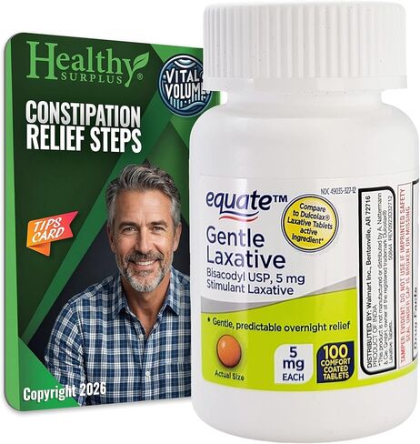 Healthy Surplus Equate Gentle Laxative Bisacodyl USP, 5 mg Stimulant Laxative 5 mg 100 Tablets (Comfort Coated) and Vital Volumes Constipation Relief Steps Tips Card Bundle in Saudi Arabia