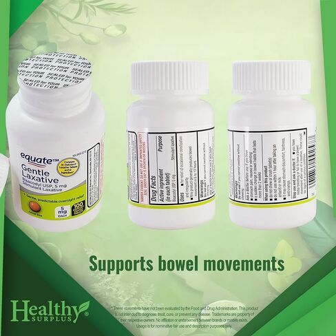 Healthy Surplus Equate Gentle Laxative Bisacodyl USP, 5 mg Stimulant Laxative 5 mg 100 Tablets (Comfort Coated) and Vital Volumes Constipation Relief Steps Tips Card Bundle in Saudi Arabia