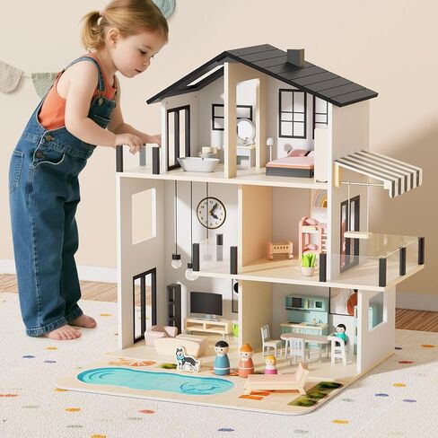 Bierum Wooden Dollhouse ، منزل دمى حديث كبير مع إكسسوارات أثاث 49pcs ، دمى وحيوانات أليفة ، ساحة تجمعات أحذية DIY ، لعبة Wood Dollhouse للأطفال الصغار 3+ ، هدية مثالية للبنين والبنات (أسود) in Kuwait