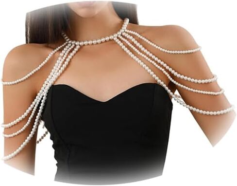Multi-layer Pearl Tassel Shoulder Chain Necklace for Women Layered Beaded Shoulder Body Chain Jewelry Festival Rave Pearl Tassel Arm Chain Jewelry in Saudi Arabia