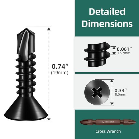 250pcs #8 x 1-1/4 Sheet Metal Self Tapping Screws Assortment Kit, 410 Stainless Steel Flat Head High-Strength Fast Self-Drilling Screws, Black Oxided in Kuwait