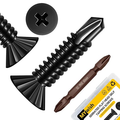 Mywish 400Pcs #8 x 3/4 Flat Head Sheet Metal Screws, 410 Stainless Steel Black Oxided Self Tapping Screws Self-Drilling Screw for Metal Aluminum, Windows, Ceilings, Sliding Doors, Railings in Saudi Arabia