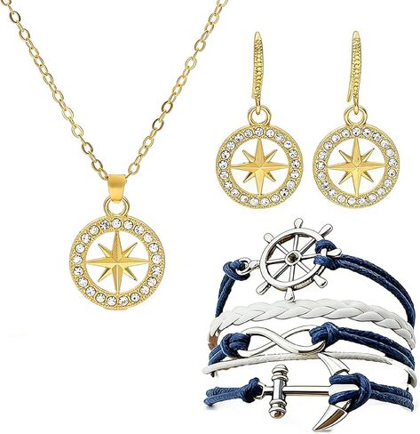 3 PCS Nautical Themed Jewelry Set Necklace and Earrings Nautical Anchor Handmade Navy White Anchor Multiple Layers Bracelet in Kuwait