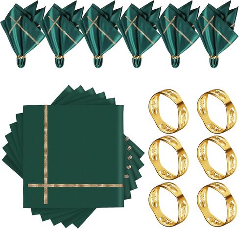 VIJIV Satin Cloth Napkins & Gold Napkin Rings Set of 6, 12Pcs 17"x17"Washable Fabric Napkins with Rhinestone Trim, Decorative Table Linens for Wedding Reception, Birthday Party, Dinner Table Décor in Saudi Arabia