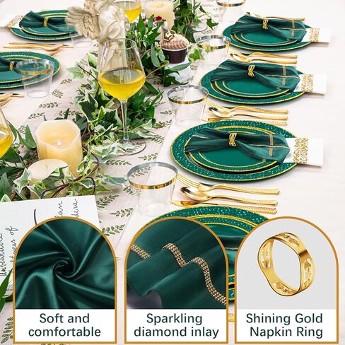 VIJIV Satin Cloth Napkins & Gold Napkin Rings Set of 6, 12Pcs 17"x17"Washable Fabric Napkins with Rhinestone Trim, Decorative Table Linens for Wedding Reception, Birthday Party, Dinner Table Décor in Saudi Arabia