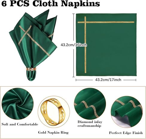 VIJIV Satin Cloth Napkins & Gold Napkin Rings Set of 6, 12Pcs 17"x17"Washable Fabric Napkins with Rhinestone Trim, Decorative Table Linens for Wedding Reception, Birthday Party, Dinner Table Décor in Saudi Arabia
