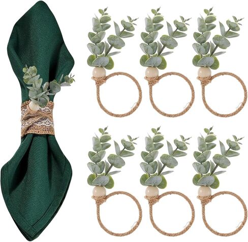 6 Pcs Rustic Farmhouse Napkin Rings, Green Boho Leaf Napkin Rings Eucalyptus Wooden Bead Napkin Rings Holder for Spring Fall Family Banquet Easter Thanksgiving Christmas Wedding Table Decor in Saudi Arabia