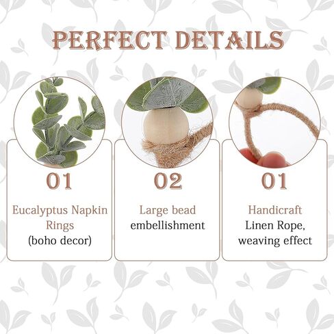 6 Pcs Rustic Farmhouse Napkin Rings, Green Boho Leaf Napkin Rings Eucalyptus Wooden Bead Napkin Rings Holder for Spring Fall Family Banquet Easter Thanksgiving Christmas Wedding Table Decor in Saudi Arabia