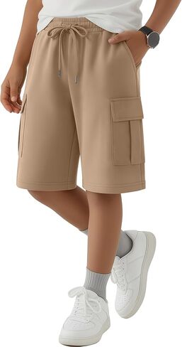 Boys Athletic Cargo Shorts Kids Loose Drawstring Bermuda Shorts with Pockets 5-14 Years Knee Length Elastic Waist in Saudi Arabia
