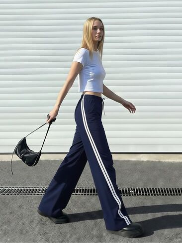 Women's 30/32/34/36 Tall Inseam Track Pants Wide Leg Parachute Pants Lightweight Casual Striped Pants Y2K in Kuwait