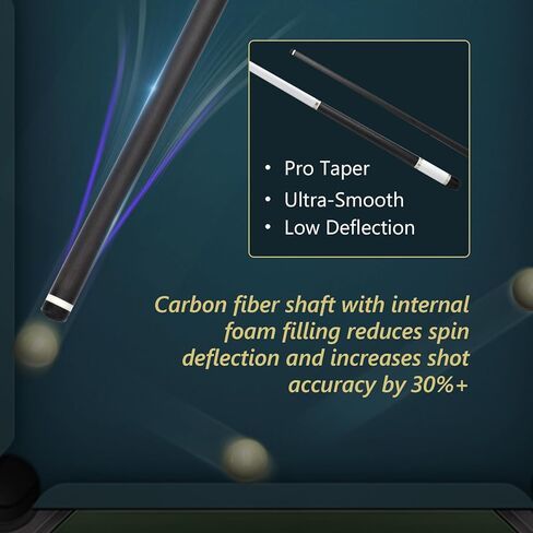 Carbon Fiber Pool Cue Stick with 12.5mm Tips Professional Pool Stick for Adults Low Deflection Pool Cue Full Carbon PRO Taper Shaft, Genuine Leather Wrap, Uni-Loc Joint, 58inch, 19oz in Kuwait