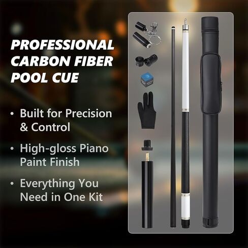 Carbon Fiber Pool Cue Stick with 12.5mm Tips Professional Pool Stick for Adults Low Deflection Pool Cue Full Carbon PRO Taper Shaft, Genuine Leather Wrap, Uni-Loc Joint, 58inch, 19oz in Kuwait