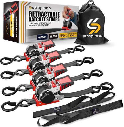 Strapinno Retractable Ratchet Straps 1 in x 10 ft, Secure Tie-Downs with Rubber-Coated Handles & S-Hooks, For Moving Motorcycle, Bike, Kayak, Cargo & Daily Use- Breaking Strength 1,500LBS/680KG (4PCS) in Kuwait
