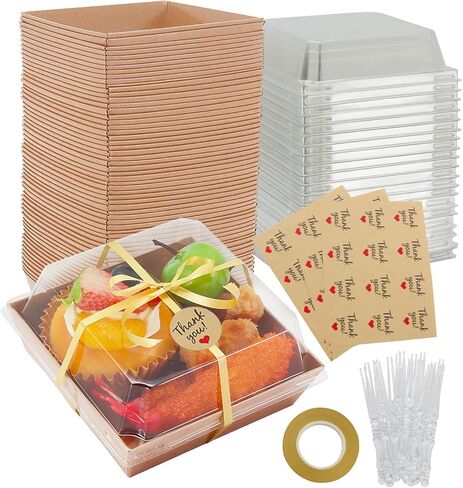 60 Pack Mini Charcuterie Boxes with Clear Lids – Paper Dessert Boxes To Go with Forks, Stickers & Ribbon, Disposable Treat Boxes for Cookies, Cake Slices, Sandwiches & Strawberries in Saudi Arabia