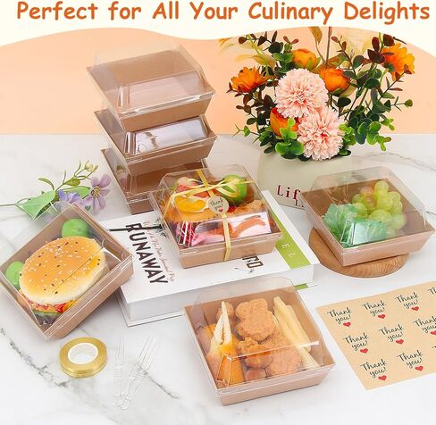 60 Pack Mini Charcuterie Boxes with Clear Lids – Paper Dessert Boxes To Go with Forks, Stickers & Ribbon, Disposable Treat Boxes for Cookies, Cake Slices, Sandwiches & Strawberries in Saudi Arabia