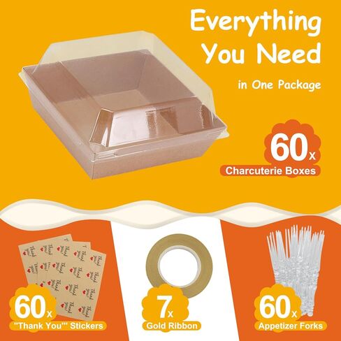 60 Pack Mini Charcuterie Boxes with Clear Lids – Paper Dessert Boxes To Go with Forks, Stickers & Ribbon, Disposable Treat Boxes for Cookies, Cake Slices, Sandwiches & Strawberries in Saudi Arabia
