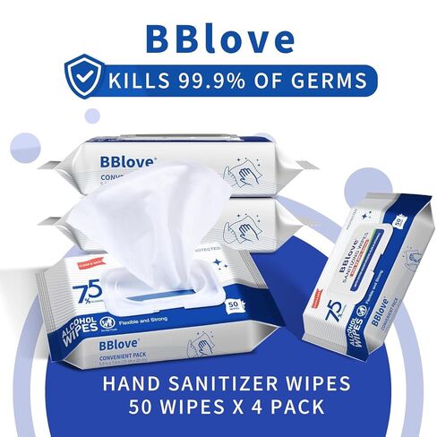 75 ٪ مناديل تطهير الكحول الرطب-4 عبوات من 50 عدد (200 مناديل) ترطيب حجم السفر الصيغة الصبار لمدرسة المكتب المنزلي أثناء التنقل in Kuwait