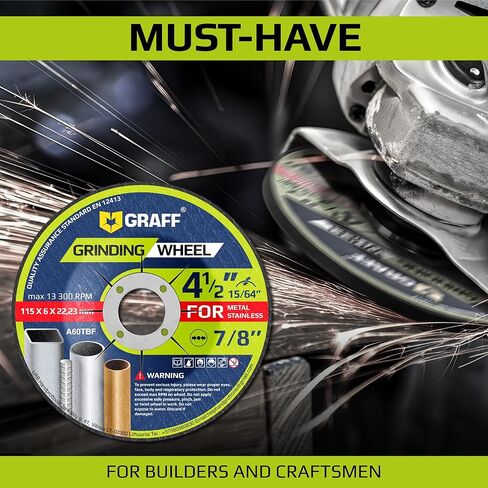 4 1/2 عجلات طحن للمعادن والفولاذ المقاوم للصدأ - أقراص طحن 4 1/2 لطاحونة الزوايا - عجلة طحن مع محور 7/8 للأغراض العامة GRAFF (25 حزمة) in Kuwait
