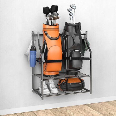 WALMANN Wall-Mounted Golf Bag Organizer, Rolling Storage Rack for 2 Golf Bags with Accessories Shelf for Garage in Saudi Arabia