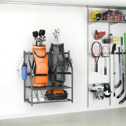WALMANN Wall-Mounted Golf Bag Organizer, Rolling Storage Rack for 2 Golf Bags with Accessories Shelf for Garage in Saudi Arabia