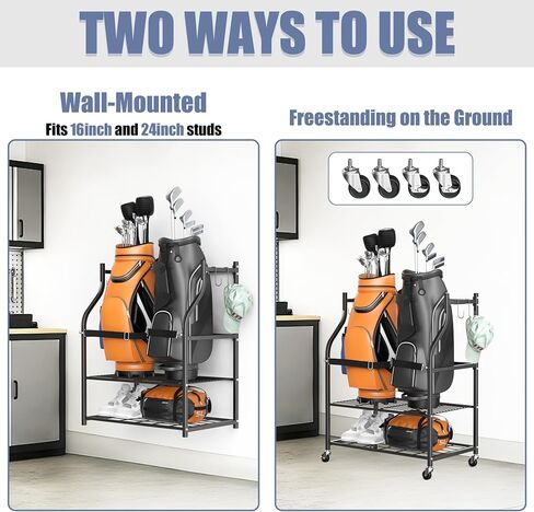 WALMANN Wall-Mounted Golf Bag Organizer, Rolling Storage Rack for 2 Golf Bags with Accessories Shelf for Garage in Saudi Arabia