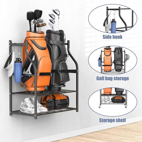 WALMANN Wall-Mounted Golf Bag Organizer, Rolling Storage Rack for 2 Golf Bags with Accessories Shelf for Garage in Saudi Arabia