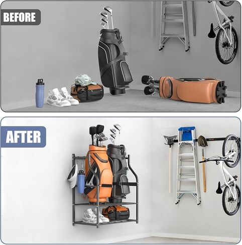 WALMANN Wall-Mounted Golf Bag Organizer, Rolling Storage Rack for 2 Golf Bags with Accessories Shelf for Garage in Saudi Arabia