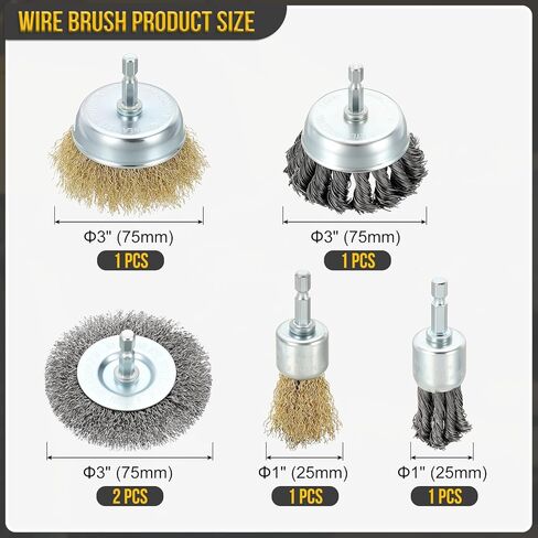DTGN Wire Wheel Cup Brush Set for Drill - 6 Pcs - Coarse Carbon Steel Crimping Drill Wire Brush(0.012" Wire Size) - 1/4 Inch Hex Shank - Good for Cleaning Rust Paint Abrasive(1-3" Dia.) in Saudi Arabia