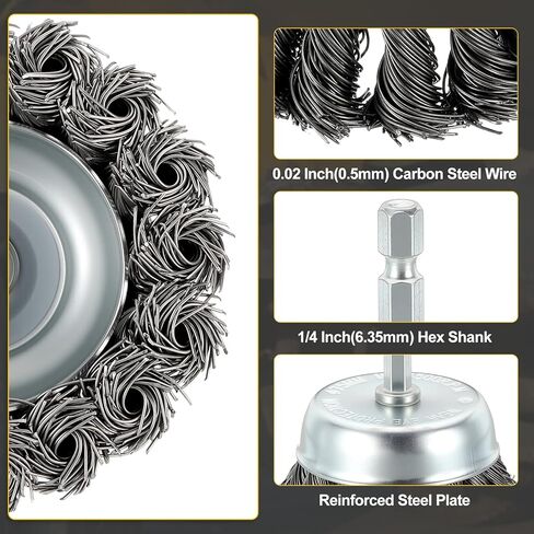 DTGN Wire Wheel Cup Brush Set for Drill - 6 Pcs - Coarse Carbon Steel Crimping Drill Wire Brush(0.012" Wire Size) - 1/4 Inch Hex Shank - Good for Cleaning Rust Paint Abrasive(1-3" Dia.) in Saudi Arabia