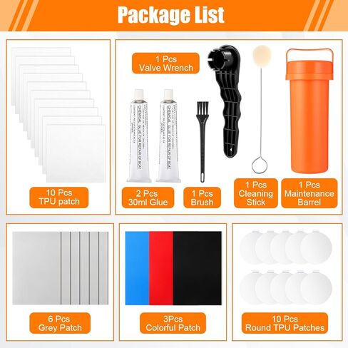 Gejoy Inflatable Boat Pool Patch Repair Kit, 20 Pcs Heavy Duty Self Adhesive PVC TPU Patches with 2 x 30 ml Waterproof Glue, Air Valve Wrench & Storage Bucket for Air Mattress Swimming Ring Liner in Saudi Arabia