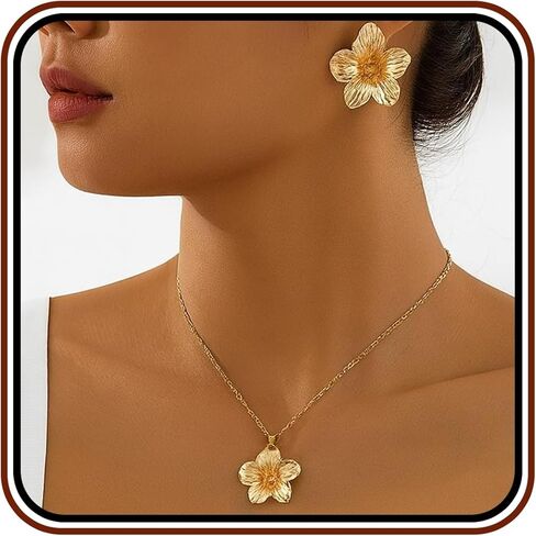 Gold Flower Jewelry Set For Women, 5 Pcs Chunky Golden Floral Pendant Necklace Bracelet Earrings Ring Set Statement Flower Jewelry Gifts For Beach Wedding in Saudi Arabia