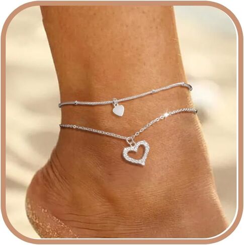 925 Sterling Silver Heart CZ Anklets Bracelet for Women 14K Gold Plated Created Layered Anklet Bracelet Dainty Beads Heart Anklets for Mother Ankle Chain Beach Wedding Halloween Jewelry Gift for Her in Kuwait
