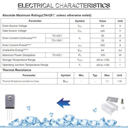 20 pcs IRLZ44N Mosfet Transistor IRLZ44NPBF N-Channel TO-220AB 47A 55V 3Pin International Rectifier Field Effect transistors with Heatsink Screw Washer Rubber Silicone Screwdriver in Saudi Arabia